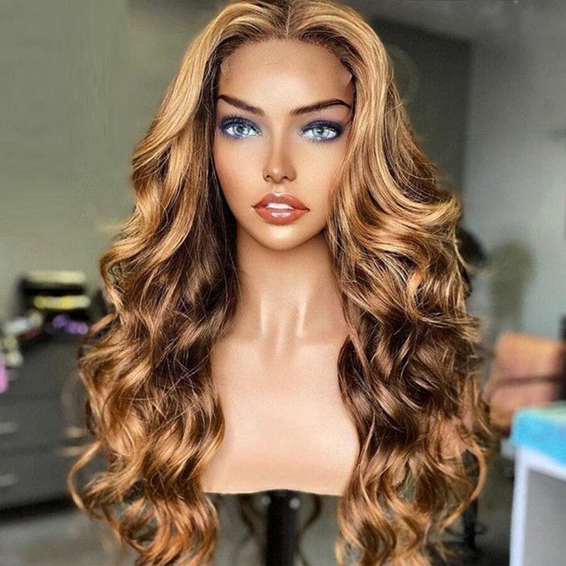 Honey Blonde 13X4 Lace Frontal Highlight Body Wave Human Hair Wigs for Black Women, Ombre Highlight Piano Colored Lace Frontal Wig Pre Plucked with Baby Hair 150% Density TL412 Color (20Inch)