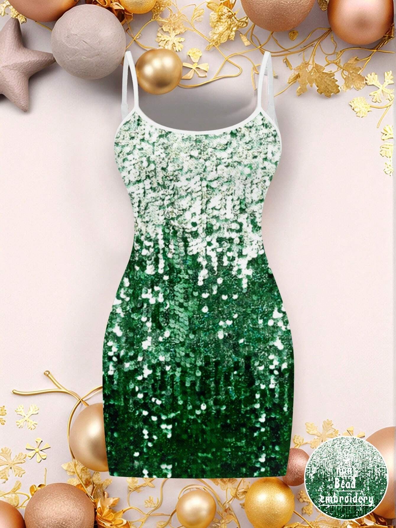 Ezwear Casual Party Glitter Sequin Design Simple Mini Bodycon Gold Cami Dress for Women, Suitable for Party Occasions