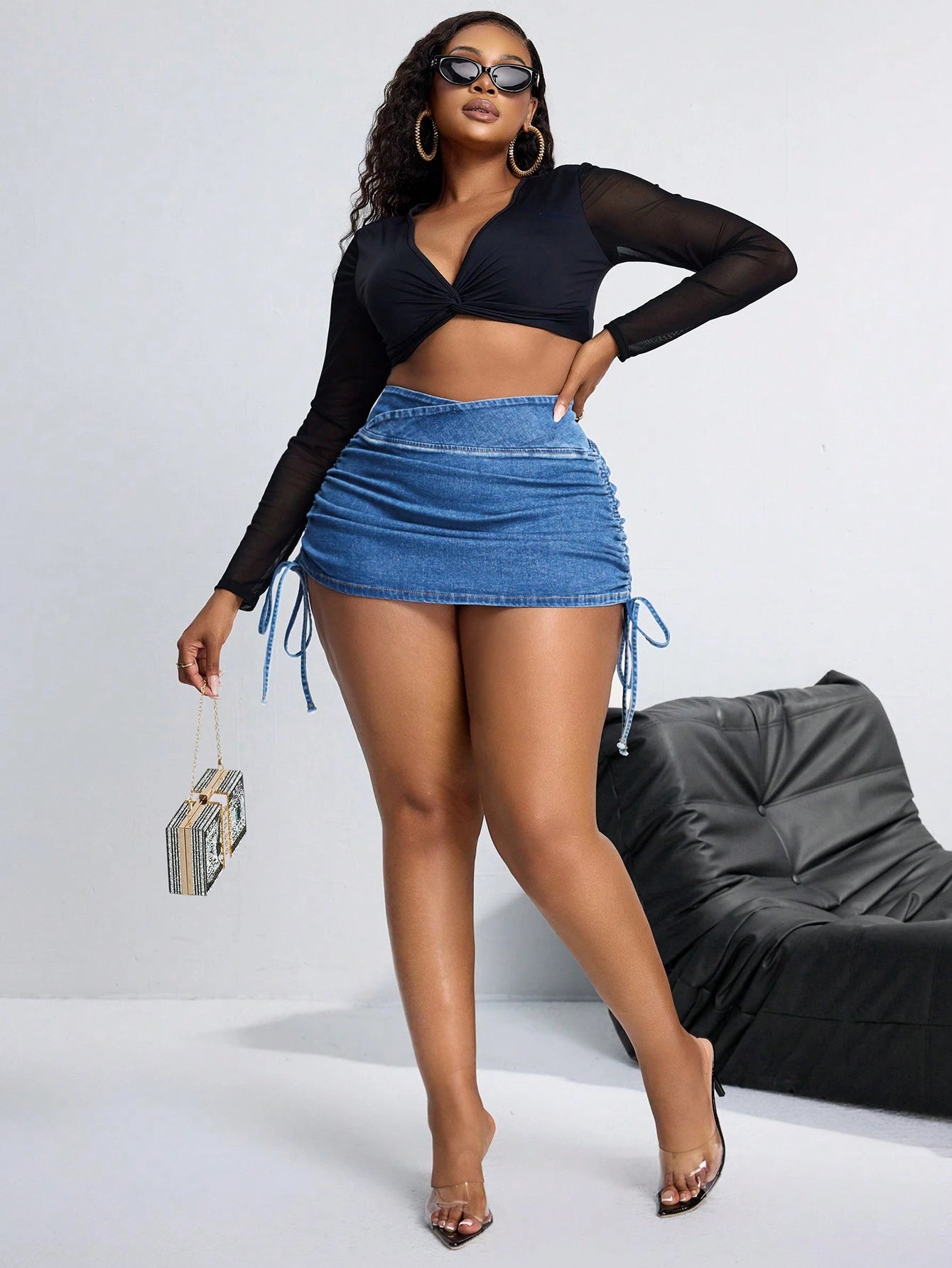 SXY plus Size Women Asymmetric Waist Drawstring Bodycon Denim Mini Skirt