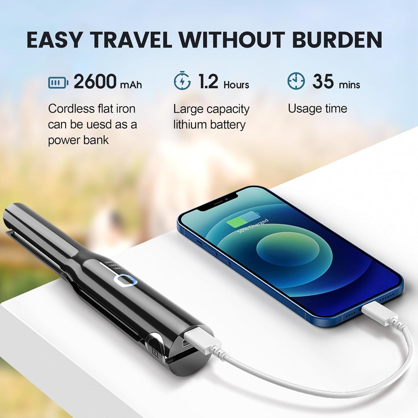 Cordless Hair Straightener,2-In-1 Iron 3 Temp Modes,Usb-C Rechargeable, Fast Heating,Straightening & Curling,Portable and Travel Friendly, Flat Iron for Thin & Thick Hair on the Go (Black)