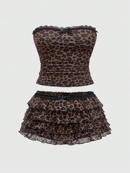 ROMWE J-Fashion Y2K Gyaru Harajuku Leopard Print Bandeau Top & Shorts Set, plus Size