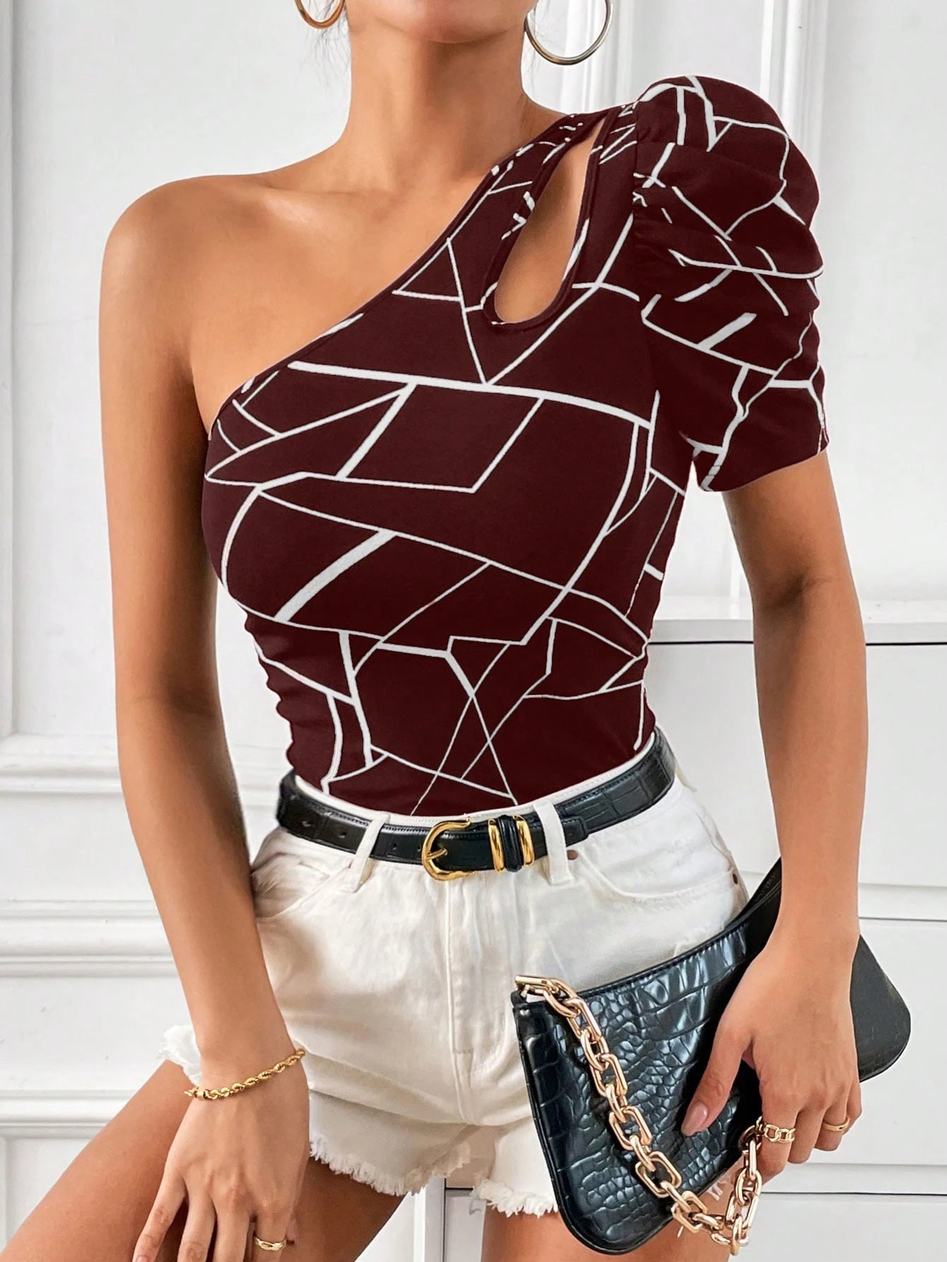 Privé Geo Print One Shoulder Puff Sleeve Tee