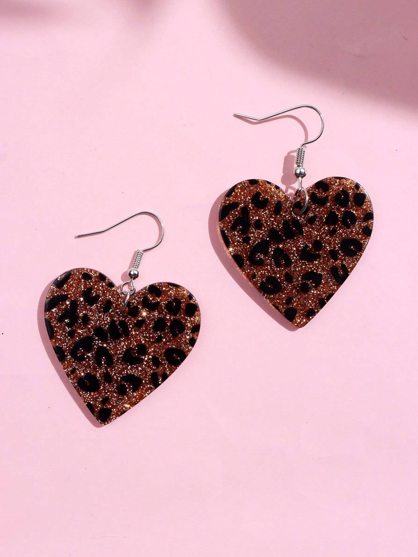 1Pair Cute & Fashionable Acrylic Sparkly Pink Leopard Print Heart Shaped Dangle Earrings for Women Valentines