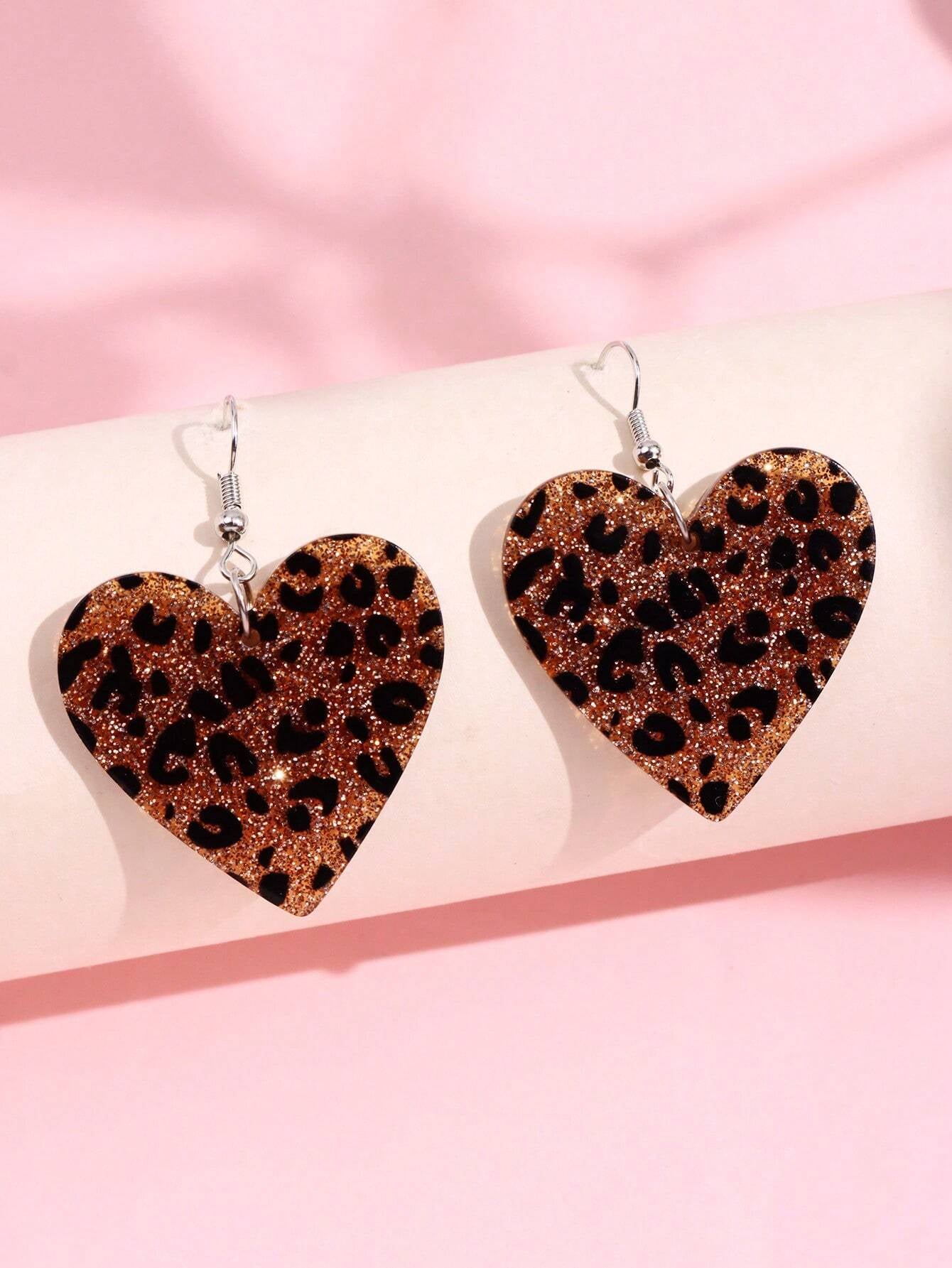 1Pair Cute & Fashionable Acrylic Sparkly Pink Leopard Print Heart Shaped Dangle Earrings for Women Valentines