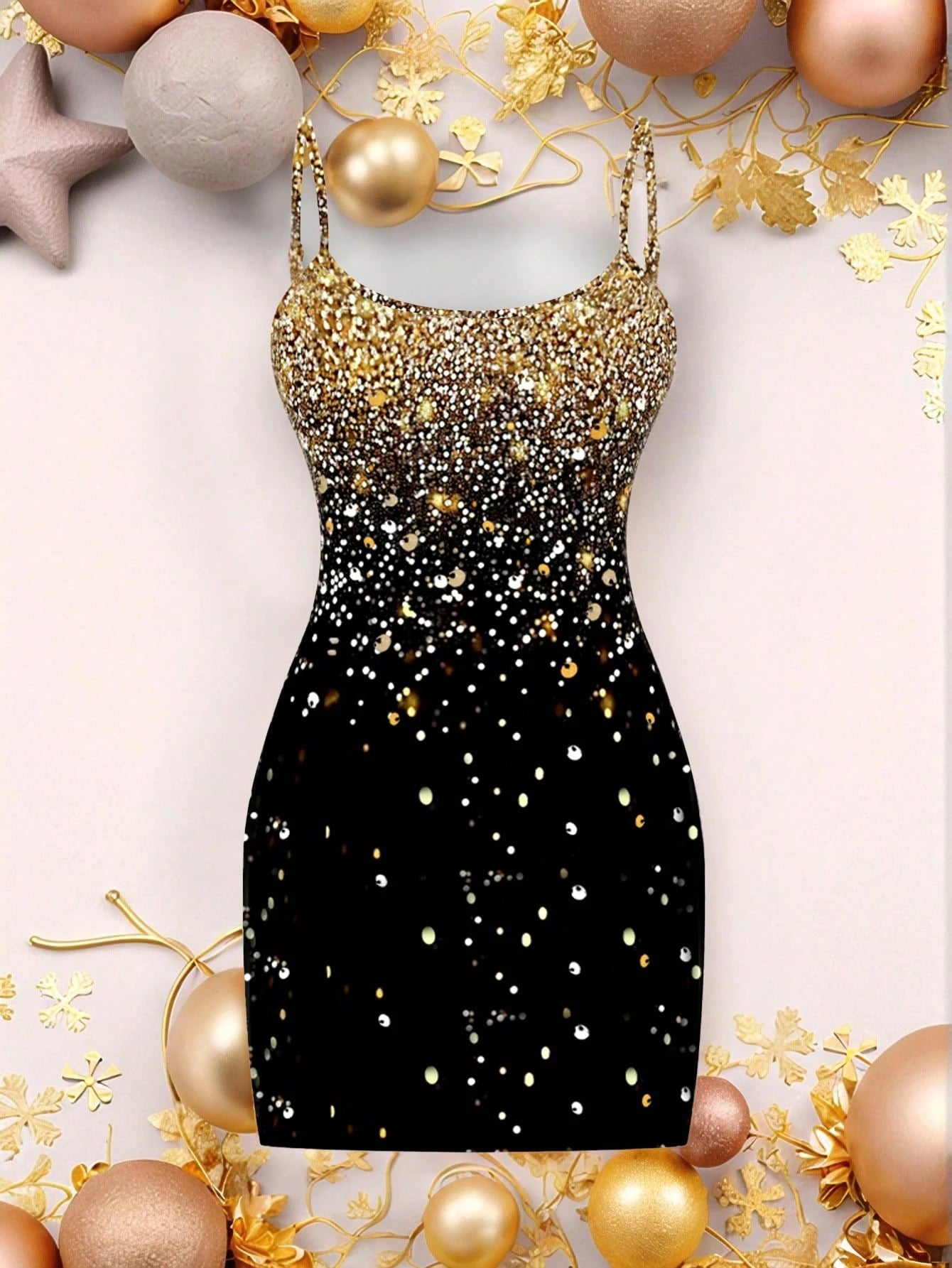 Ezwear Casual Party Glitter Sequin Design Simple Mini Bodycon Gold Cami Dress for Women, Suitable for Party Occasions