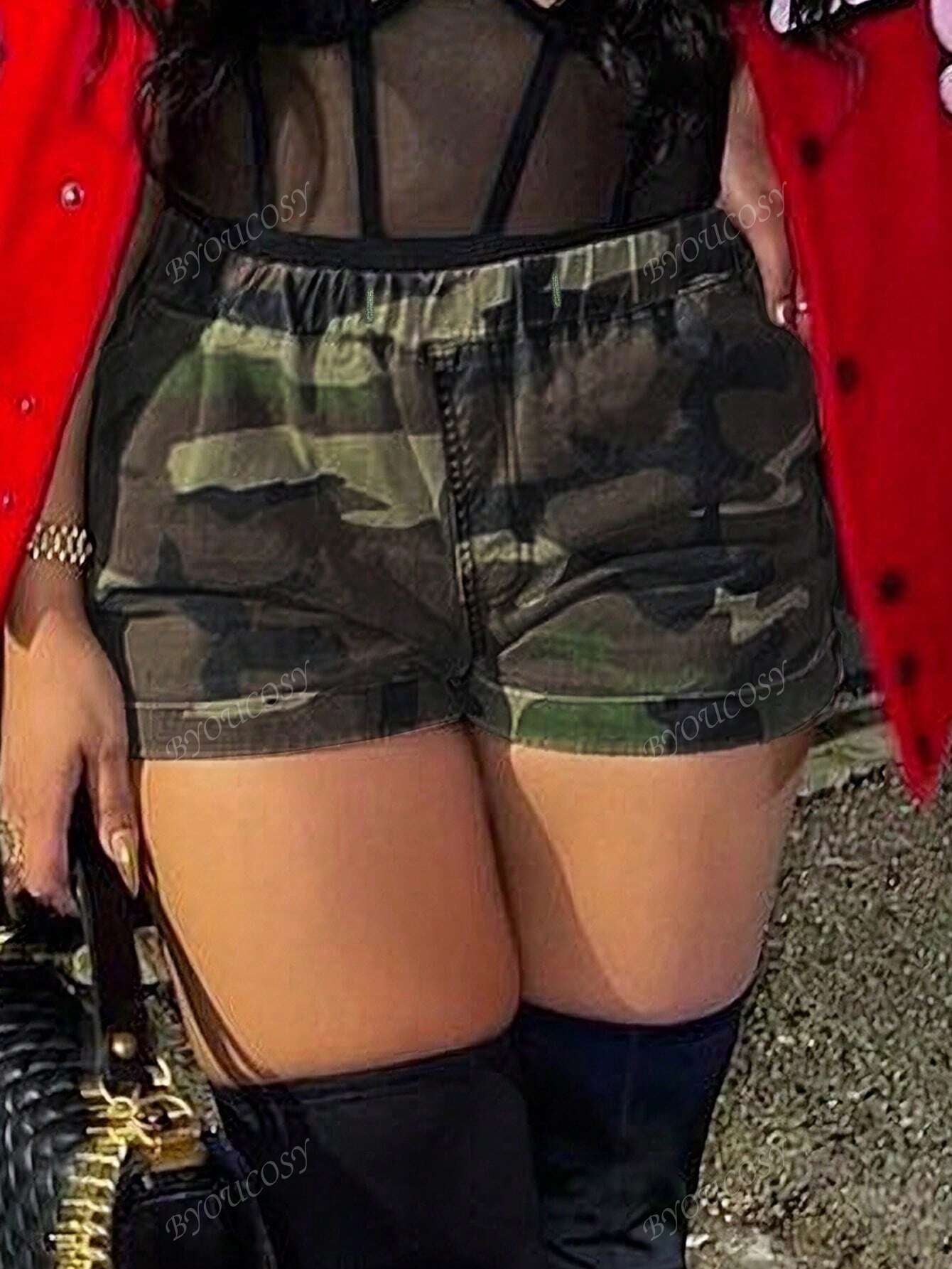 Women'S Camouflage Elastic Waist Loose Denim Shorts