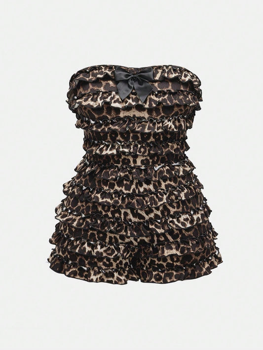 ROMWE Grunge Punk plus Size Women Y2K Harajuku Leopard Print All-Over Ruffle Hem Mini Playsuit