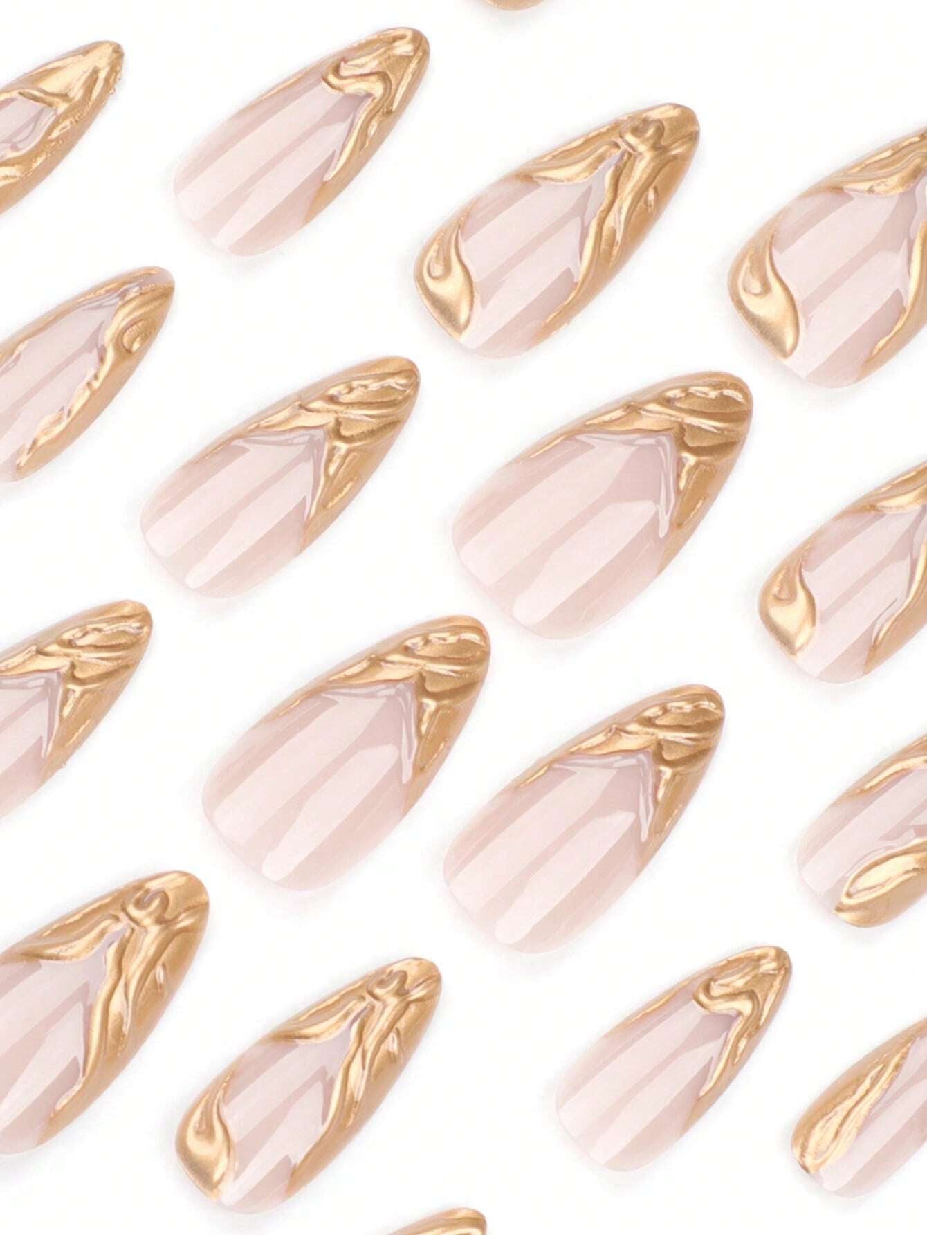 1 Set of 24Pcs Almond Shaped Press-On Nails with Minimalist Metallic 3D Design, Includes Jelly Gel and Files, Suitable for All Ladies to Make Fingers More Charming with Daily Outfits