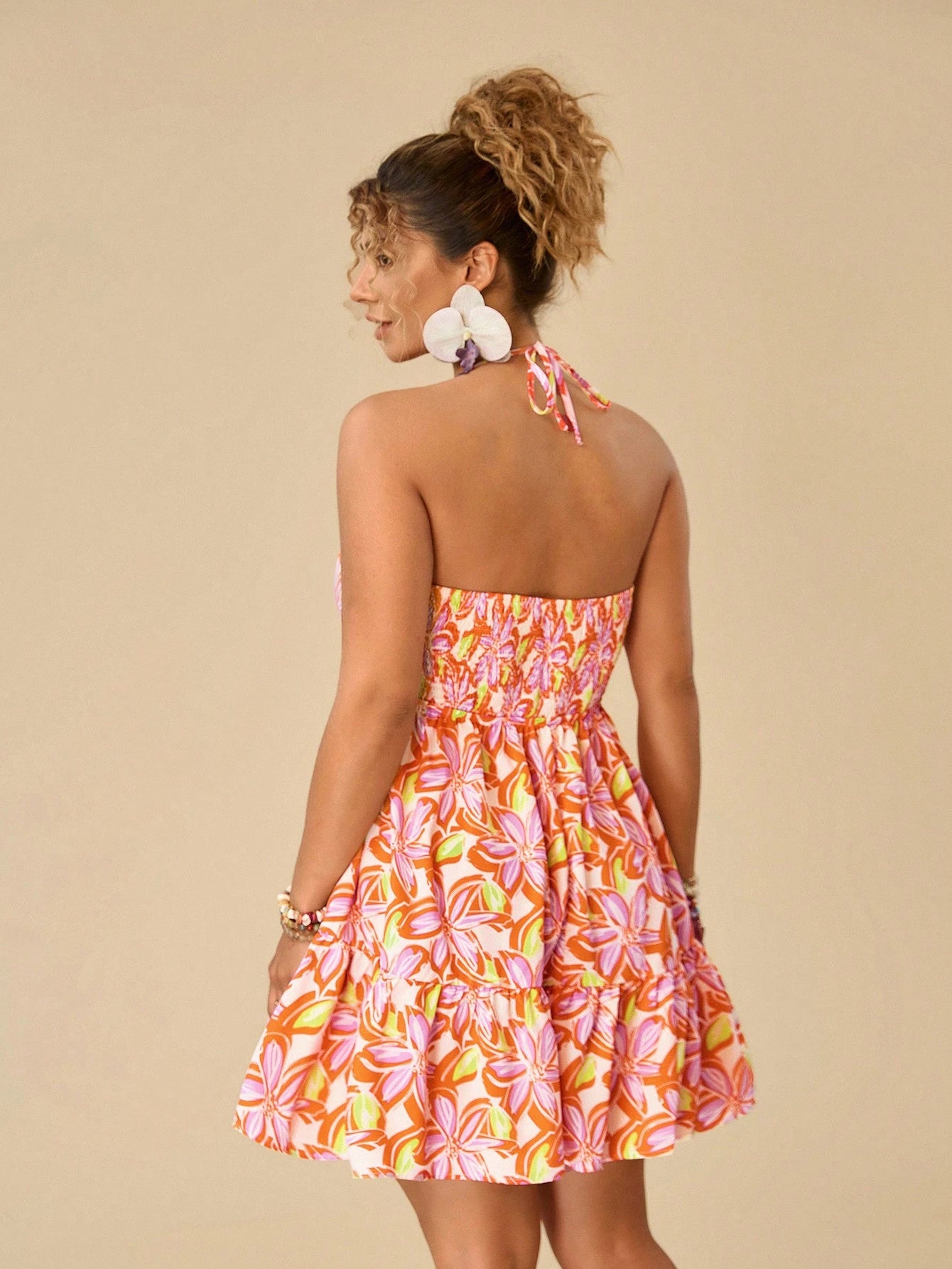 VCAY plus Size Vacation Romantic Pink Butterfly Print Backless A-Line Short Dress