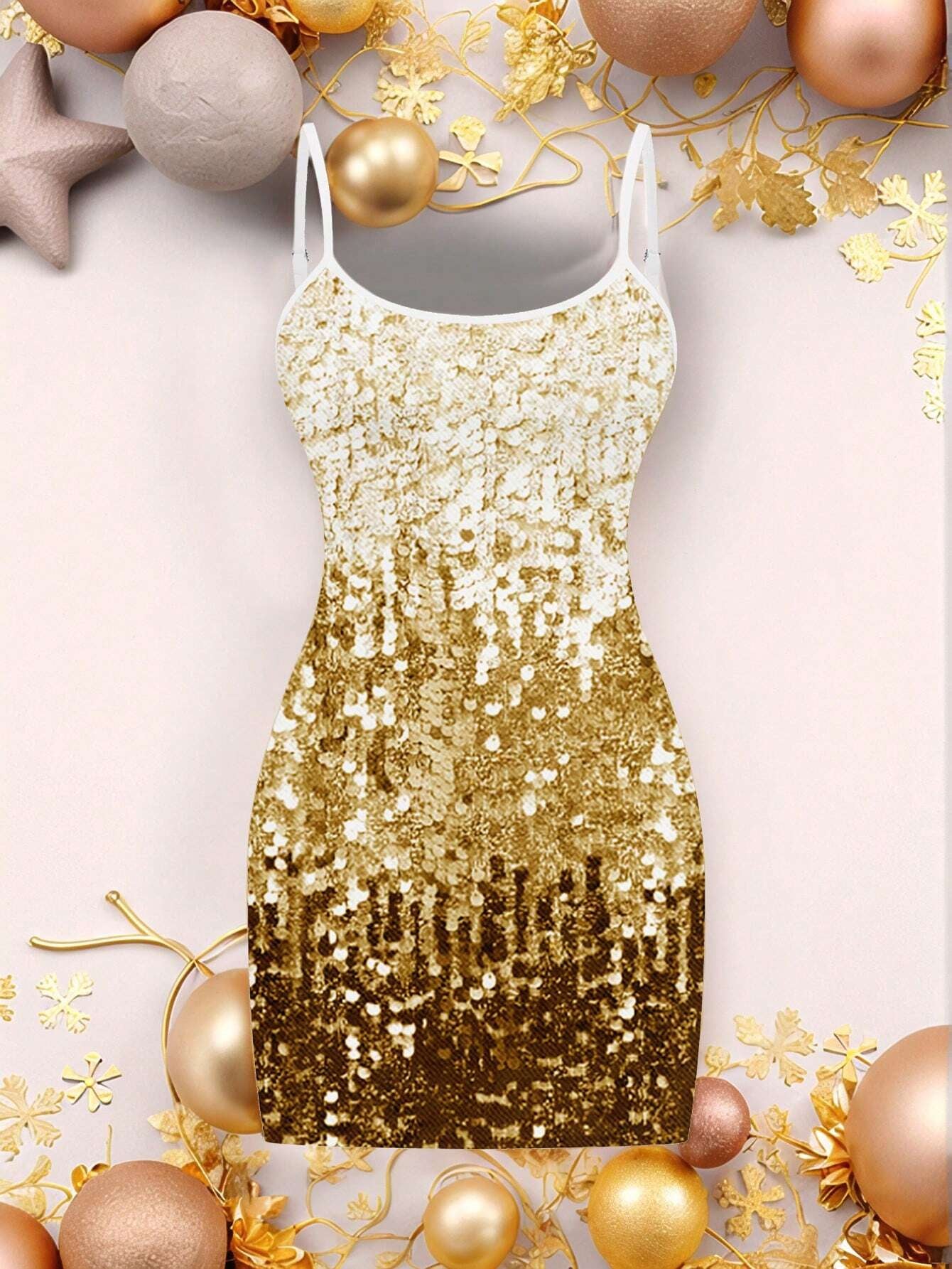 Ezwear Casual Party Glitter Sequin Design Simple Mini Bodycon Gold Cami Dress for Women, Suitable for Party Occasions