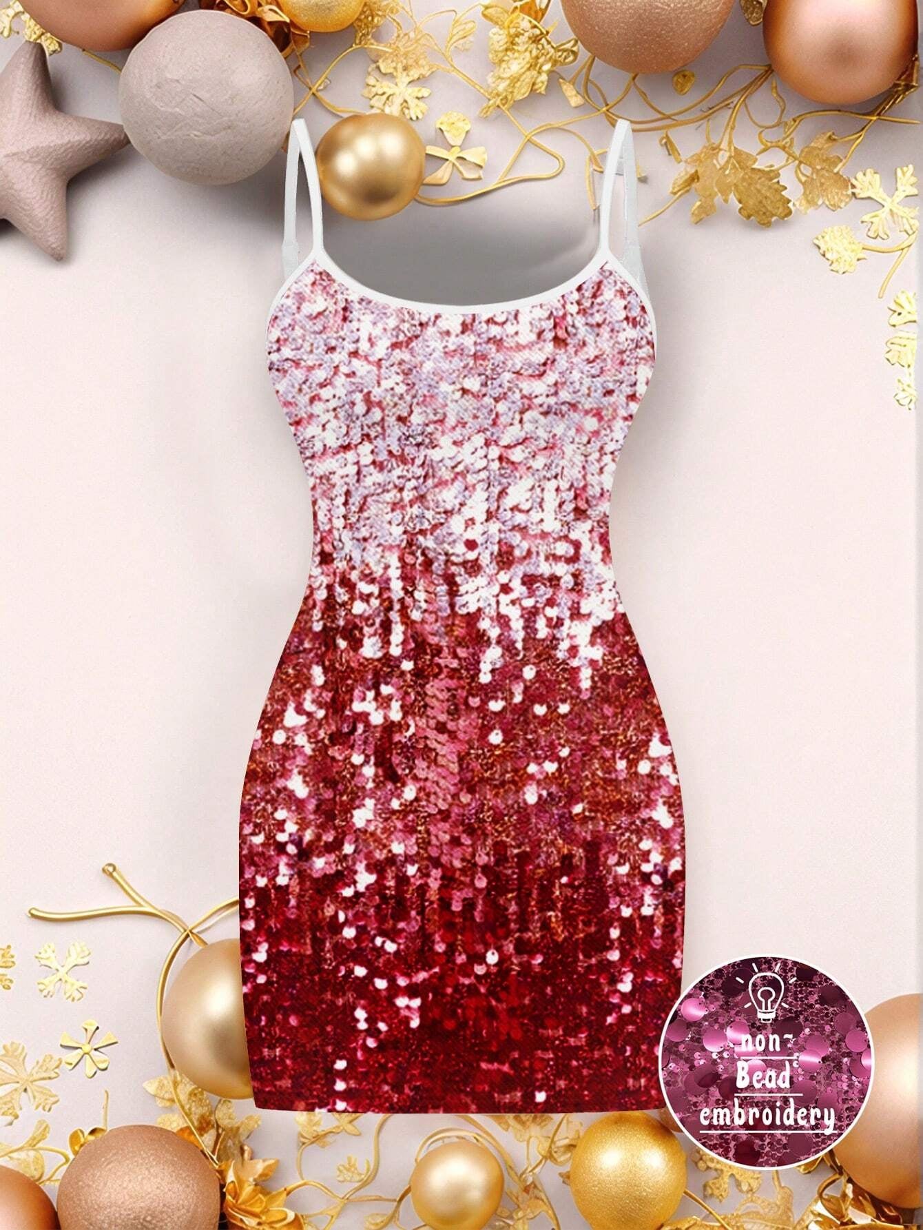 Ezwear Casual Party Glitter Sequin Design Simple Mini Bodycon Gold Cami Dress for Women, Suitable for Party Occasions