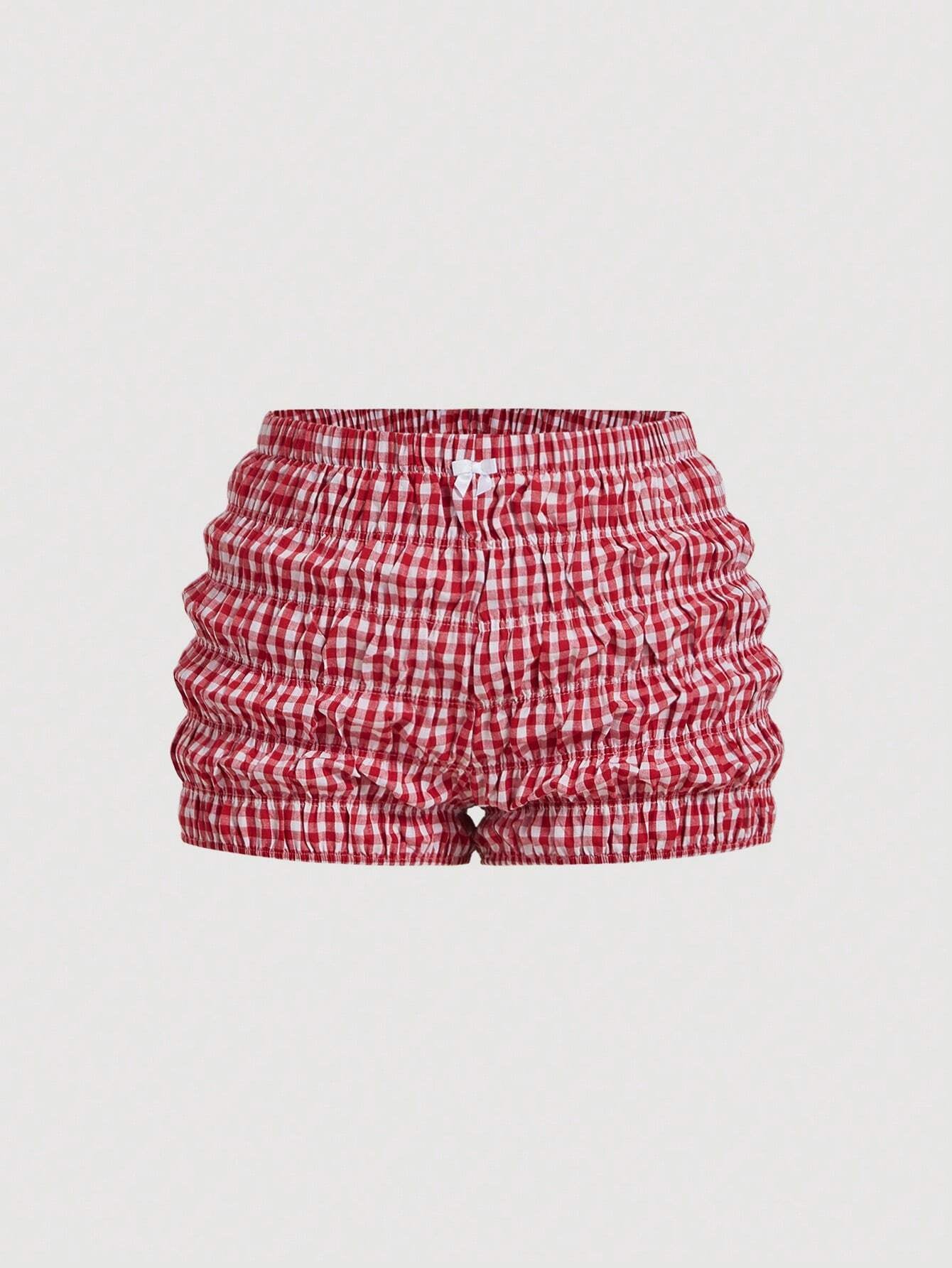 MOD plus Size Red & White Plaid Bow Decor Casual Shorts for Summer