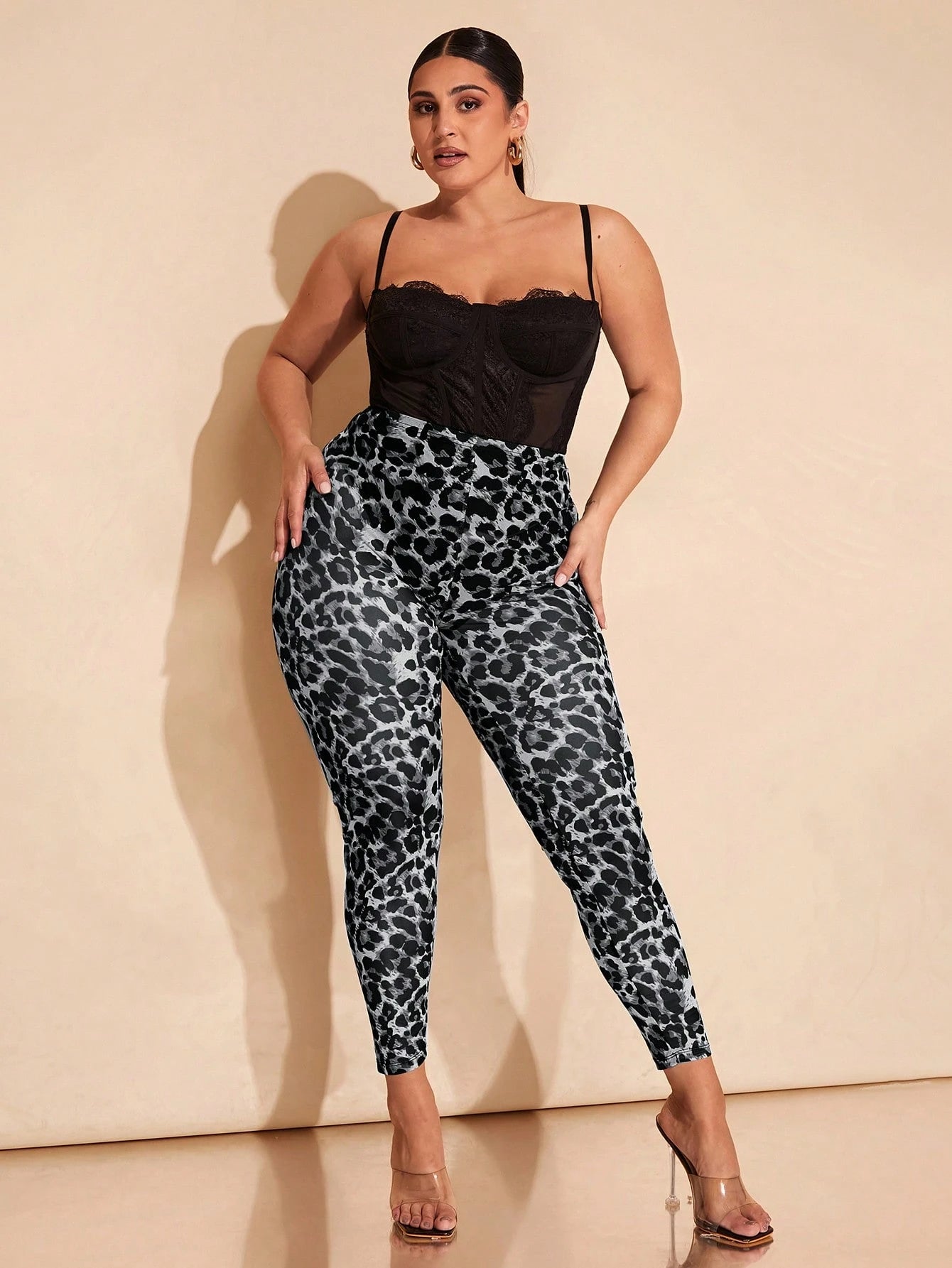 BAE plus Size Women'S Summer Brown Leopard Leggings, Birthday, Elegant, Basic, Christmas, Valentine'S Day, Music Festival,Chocolate,Minimalism,High Waist, Narrow Feet