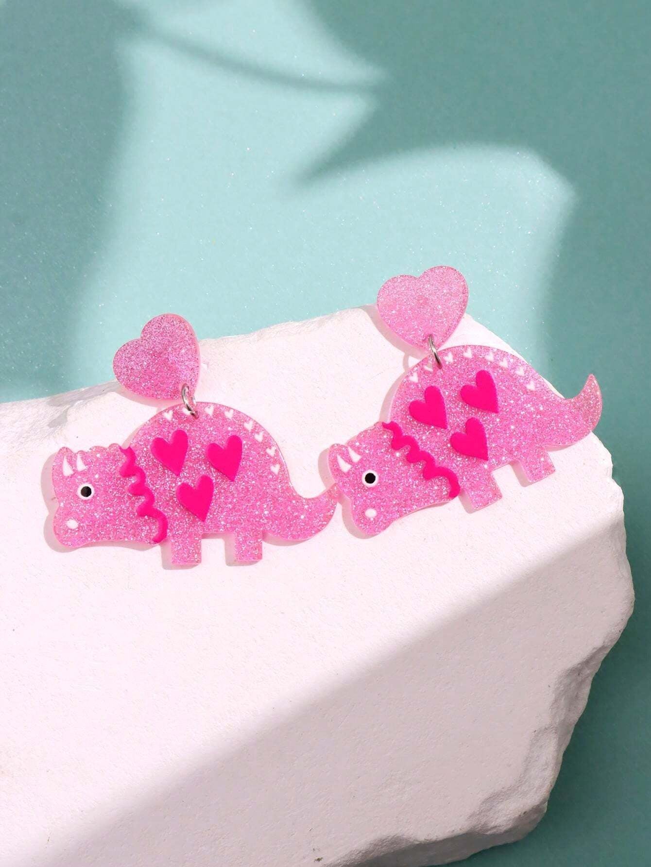 1Pair Cute & Fashionable Acrylic Sparkly Pink Leopard Print Heart Shaped Dangle Earrings for Women Valentines