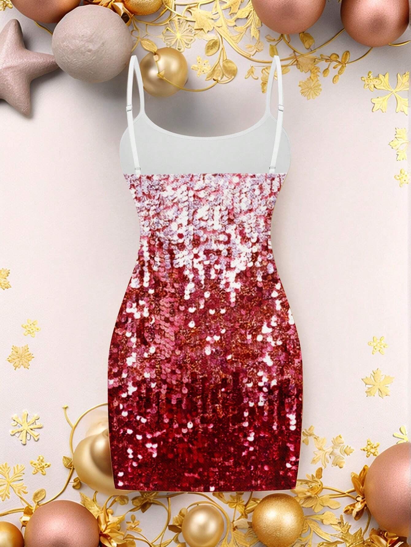 Ezwear Casual Party Glitter Sequin Design Simple Mini Bodycon Gold Cami Dress for Women, Suitable for Party Occasions