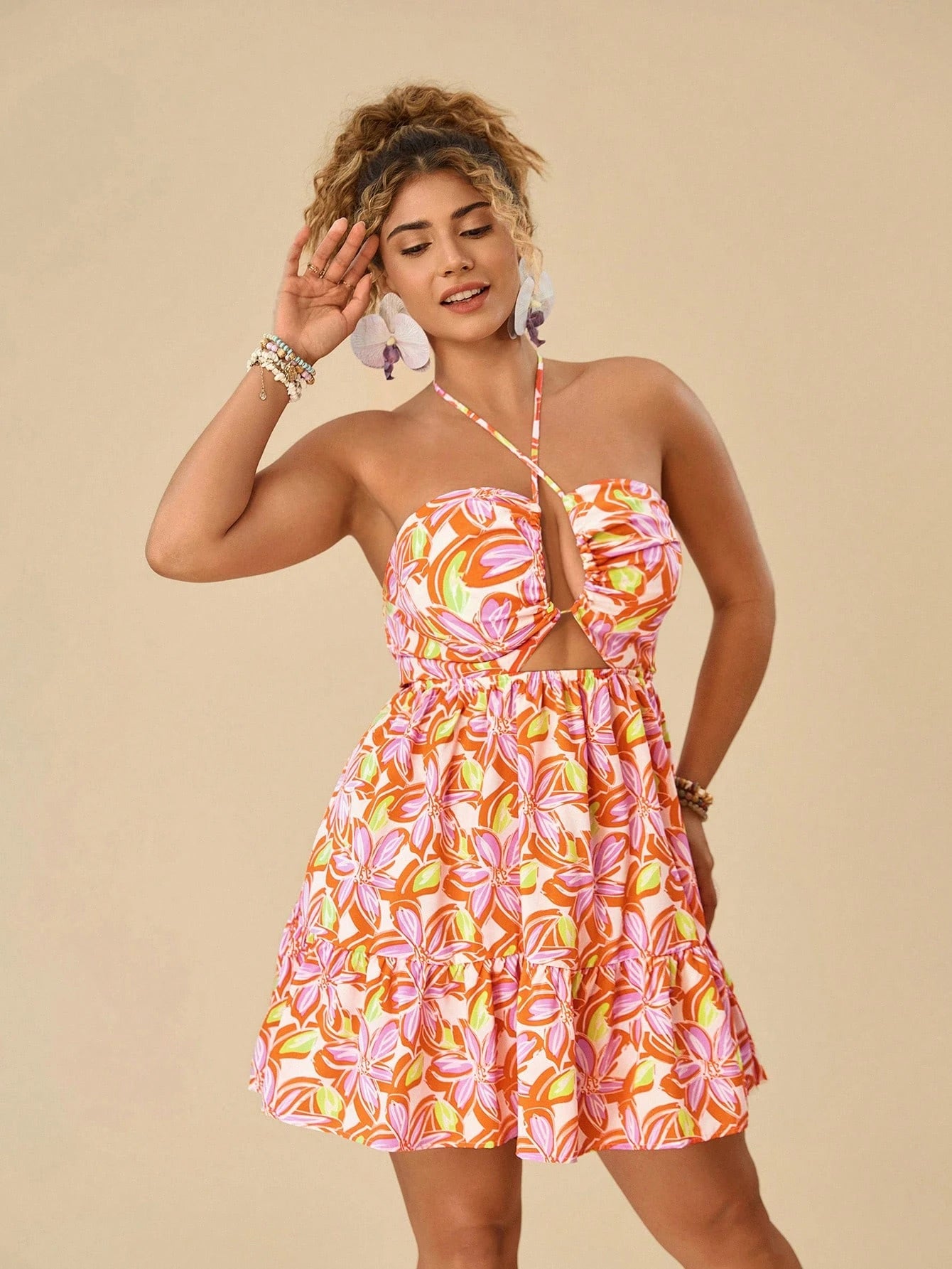 VCAY plus Size Vacation Romantic Pink Butterfly Print Backless A-Line Short Dress