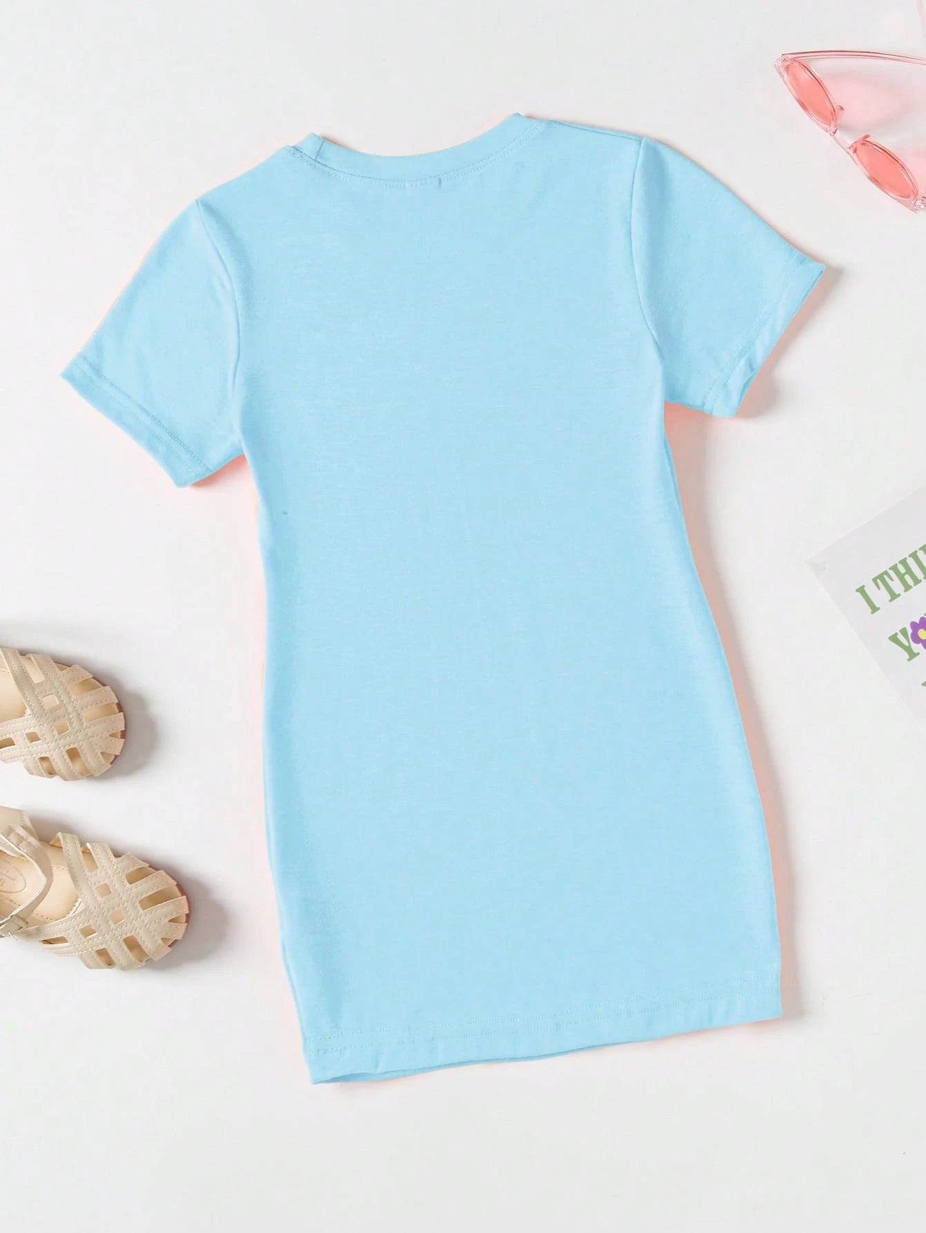 Young Girl Fashionable and Cute Short Sleeve T-Shirt Dress with Bowknot and Little Girl Print