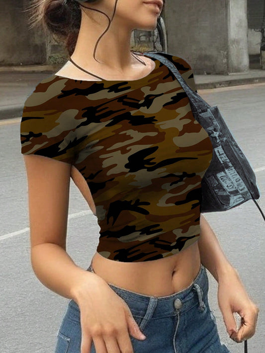 Ezwear Camo Print Casual Short Tight Off-Shoulder Crop Top with Open Back for Women, Summer