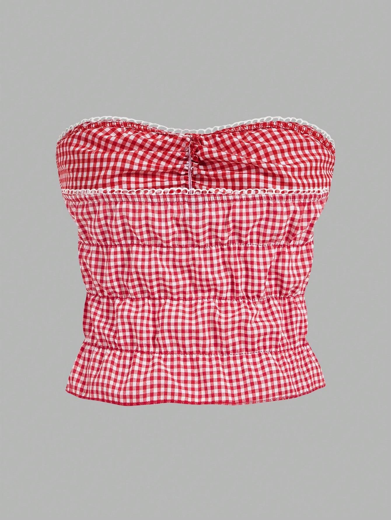 Sweetra plus Size Red Plaid Tube Top - Fashionable, Sexy Checkered Bow Tie Sweet Cropped Bandeau Top for New Year, for Summer